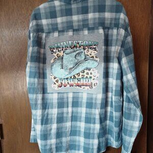 upcycled reworked Handmade Custom Blue Flannel Shirt with Rhinestone Cowgirl